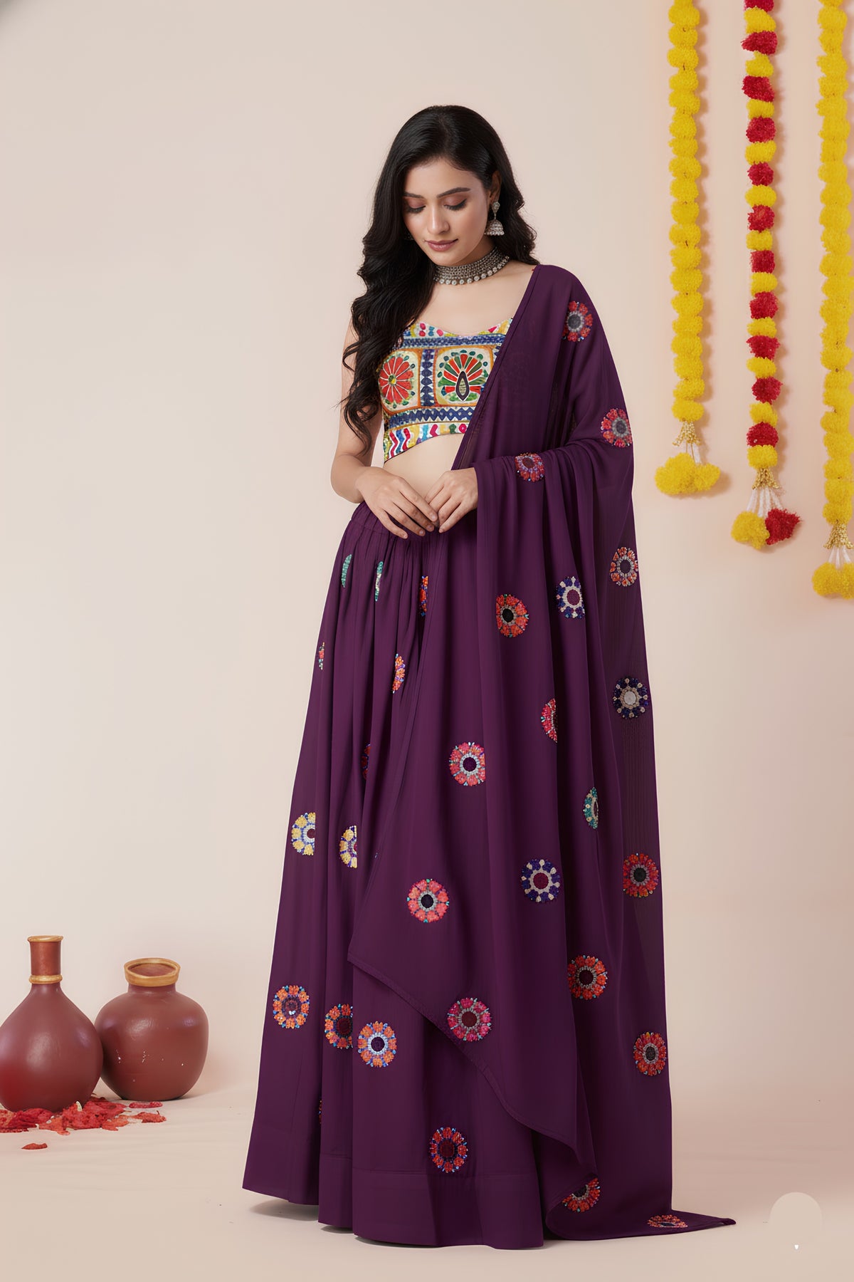 Stunning Wine Rayon Mirror Work Designer Lehenga Choli with Dupatta for Women
