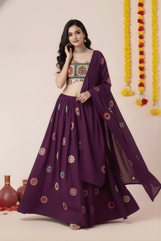 Amazing Wine Rayon Mirror Work Lehenga Choli with Designer Blouse for Women