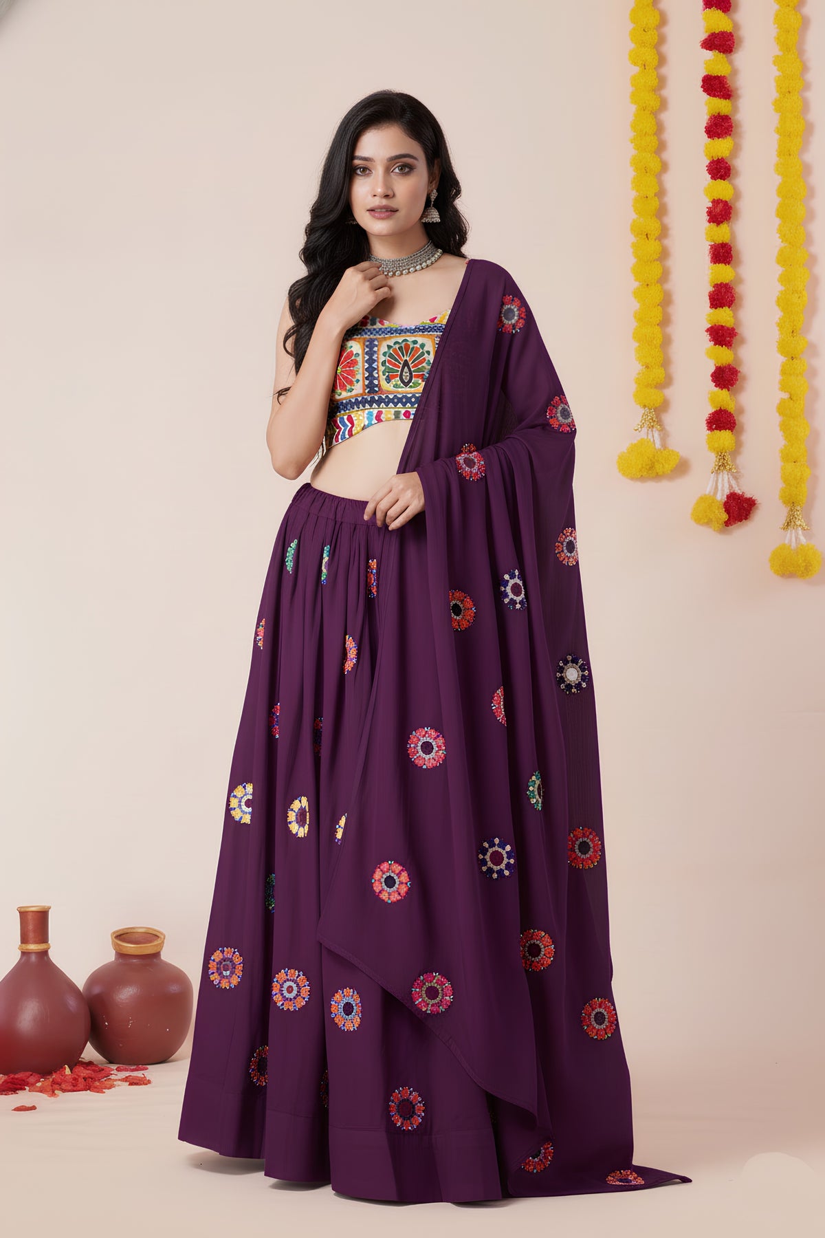 Stunning Wine Rayon Mirror Work Designer Lehenga Choli with Dupatta for Women