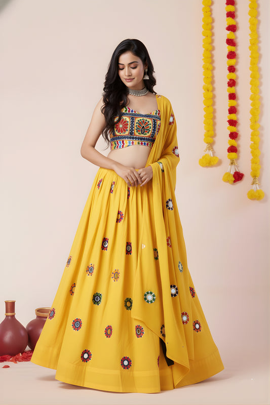 Beautiful Yellow Rayon Mirror Work Lehenga Choli with Designer Blouse for Women