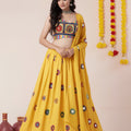 Attractive Yellow Rayon Mirror Work Designer Lehenga Choli with Dupatta for Women