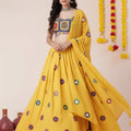 Attractive Yellow Rayon Mirror Work Designer Lehenga Choli with Dupatta for Women