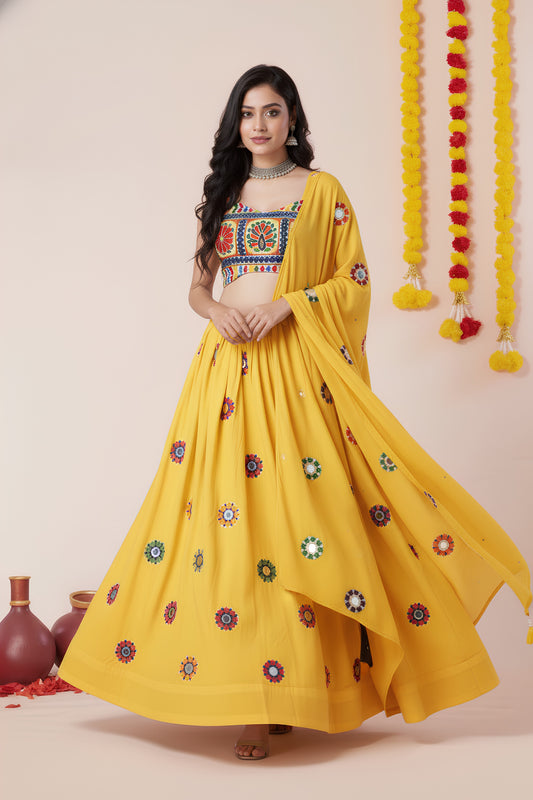 Attractive Yellow Rayon Mirror Work Designer Lehenga Choli with Dupatta for Women