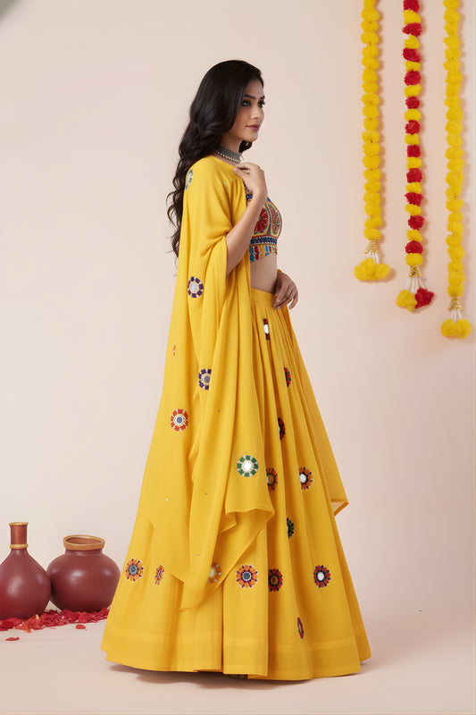 Beautiful Yellow Rayon Mirror Work Lehenga Choli with Designer Blouse for Women