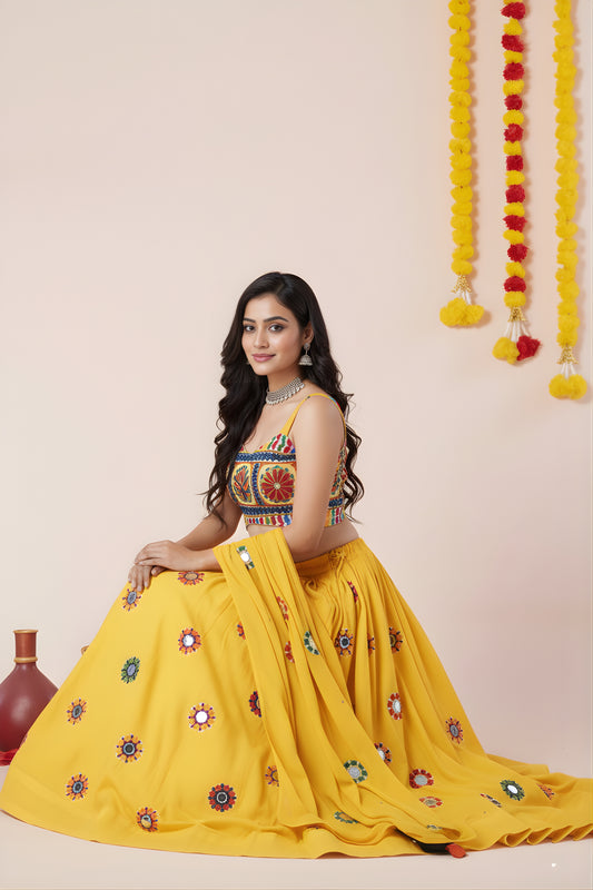 Beautiful Yellow Rayon Mirror Work Lehenga Choli with Designer Blouse for Women
