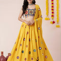 Beautiful Yellow Rayon Mirror Work Lehenga Choli with Designer Blouse for Women