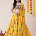 Attractive Yellow Rayon Mirror Work Designer Lehenga Choli with Dupatta for Women