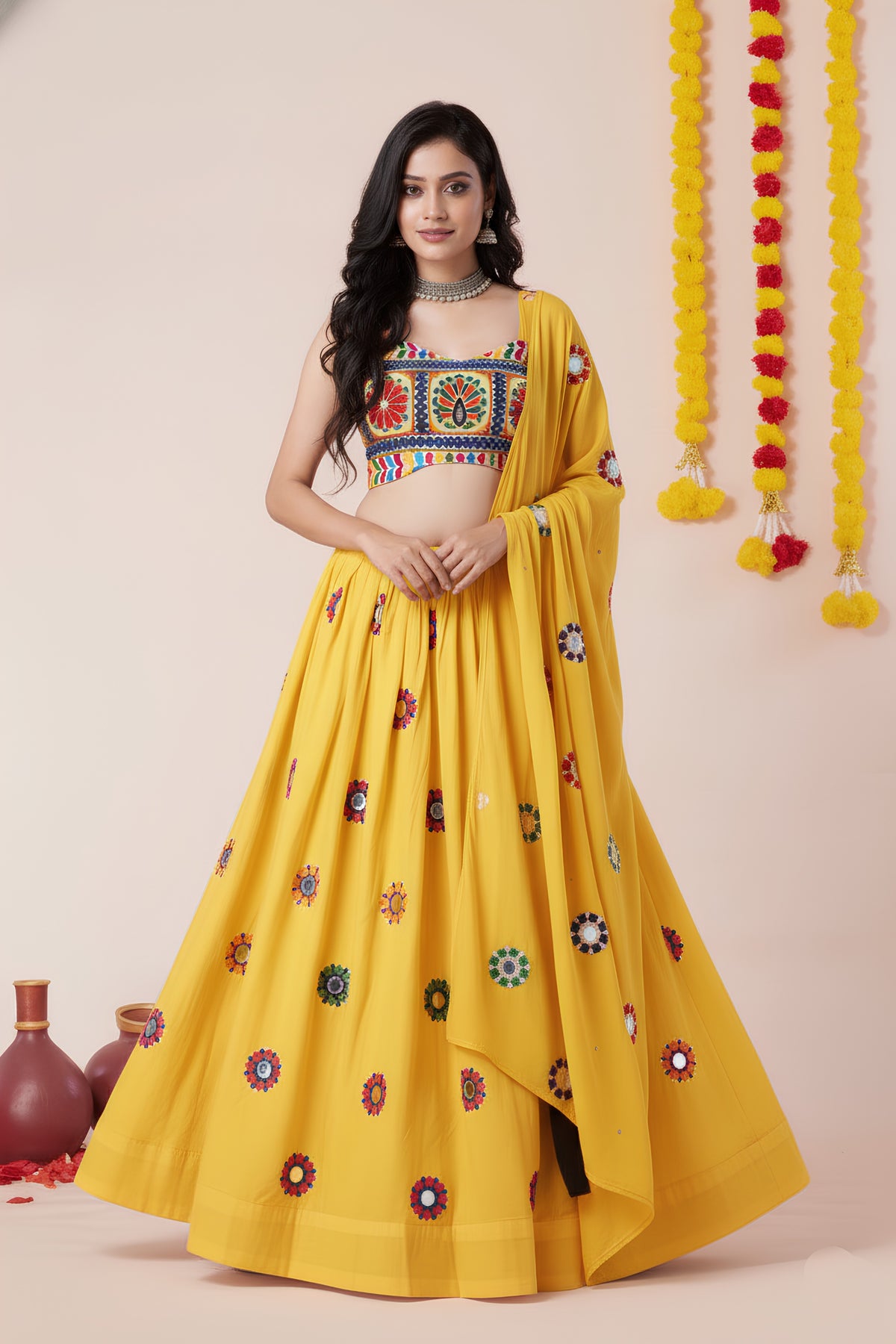 Attractive Yellow Rayon Mirror Work Designer Lehenga Choli with Dupatta for Women