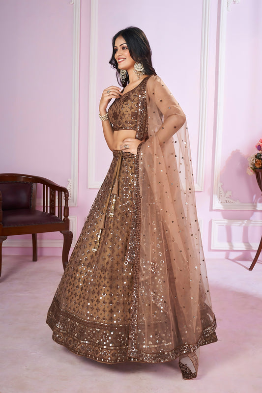 Stunning Brown Embroidered Soft Net Lehenga Choli with Dupatta for Women