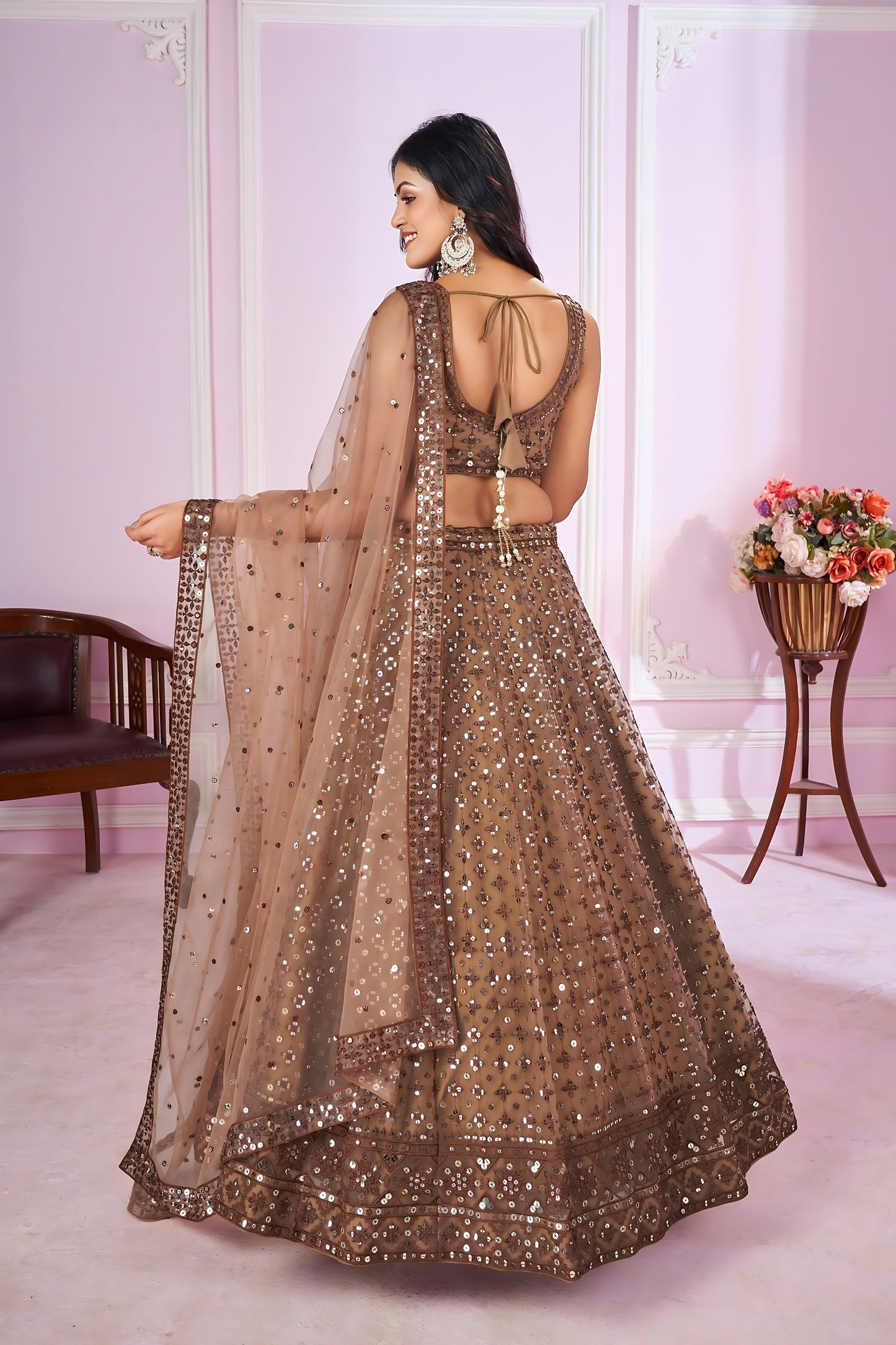 Stunning Brown Embroidered Soft Net Lehenga Choli with Dupatta for Women