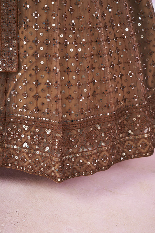 Stunning Brown Embroidered Soft Net Lehenga Choli with Dupatta for Women