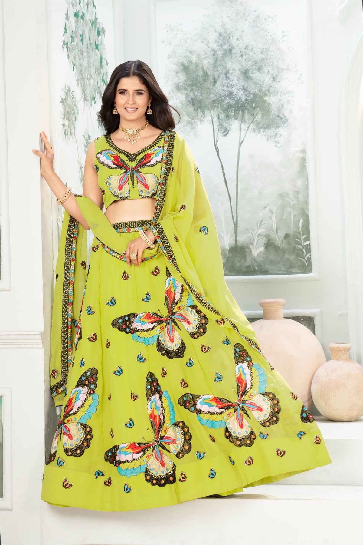 Glamorous Lime Green Georgette Designer Lehenga Choli with Embroidery Work and Dupatta for Women