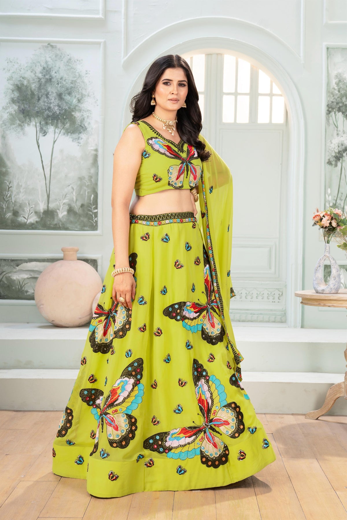 Glamorous Lime Green Georgette Designer Lehenga Choli with Embroidery Work and Dupatta for Women