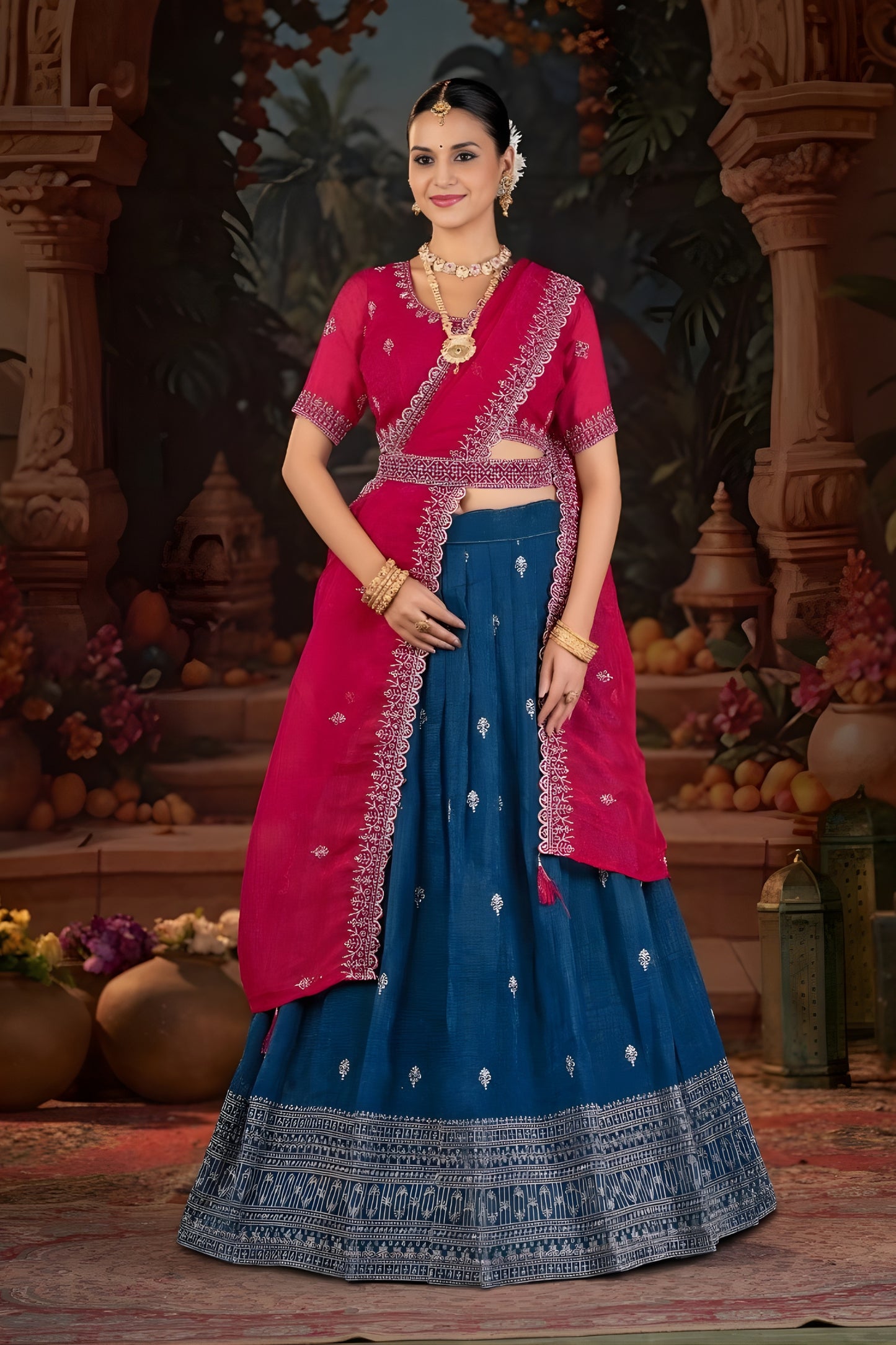 Traditional Rani Pink And Navy Blue Crunchy Silk Embroidered Lehenga Choli with Dupatta