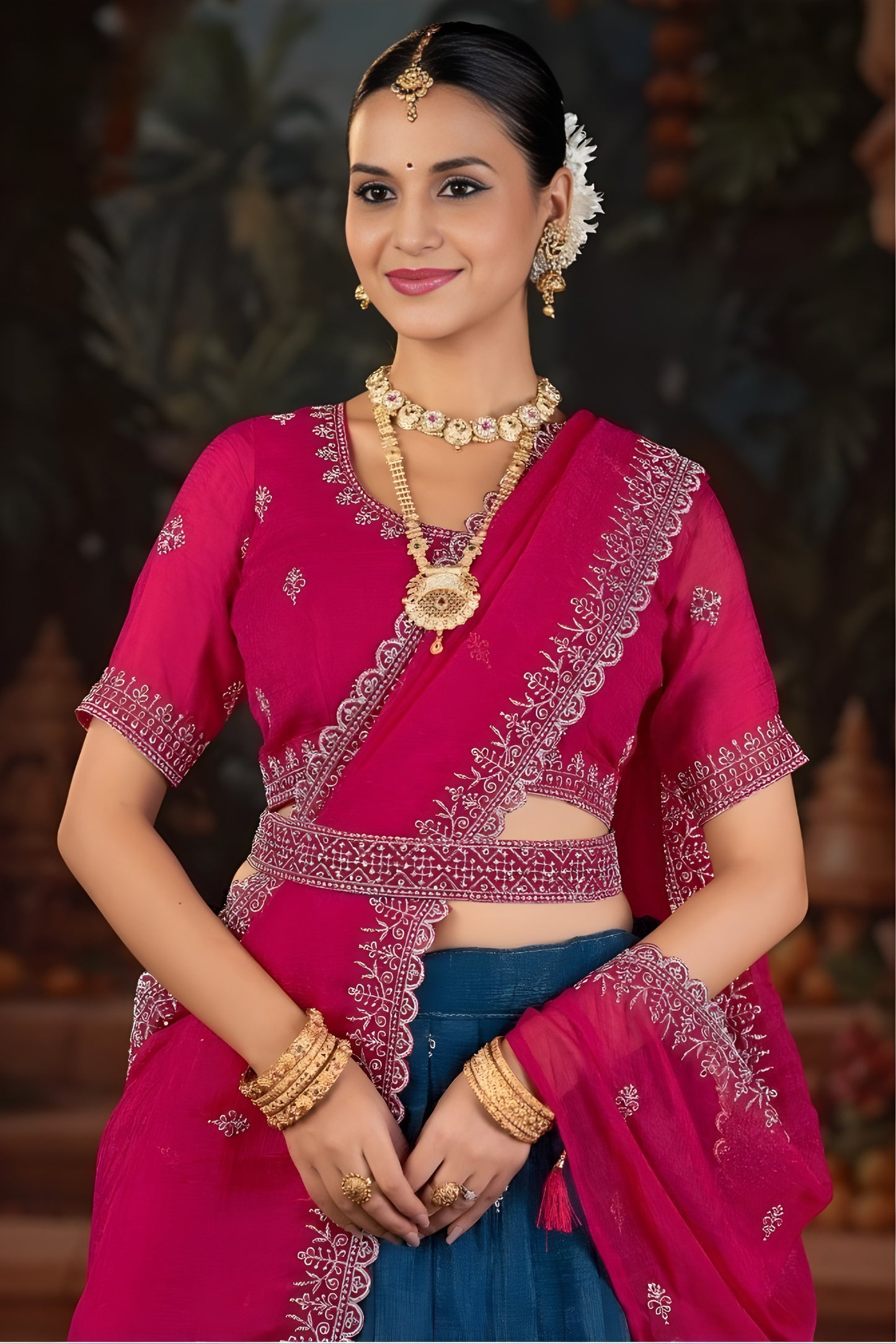 Traditional Rani Pink And Navy Blue Crunchy Silk Embroidered Lehenga Choli with Dupatta