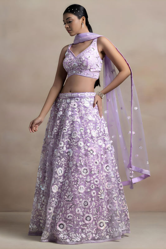 Beautiful Lavender Net Sequins Embroidered Bridal Lehenga Choli Designer Dupatta