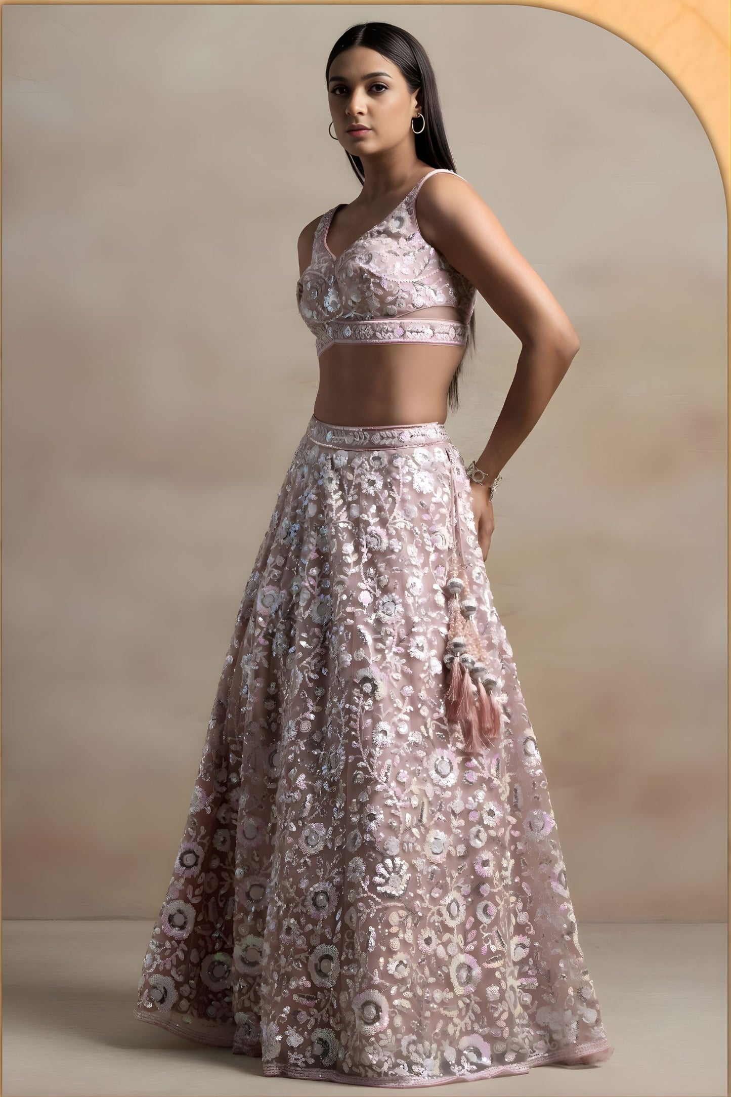 Wonderful Blush Pink Net Sequins Embroidered Bridal Lehenga Choli Designer Dupatta