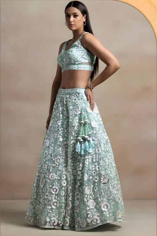 Luxury Blue Net Sequins Embroidered Bridal Lehenga Choli Designer Dupatta