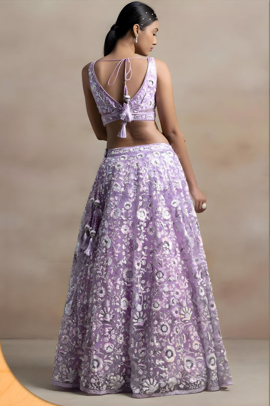 Beautiful Lavender Net Sequins Embroidered Bridal Lehenga Choli Designer Dupatta