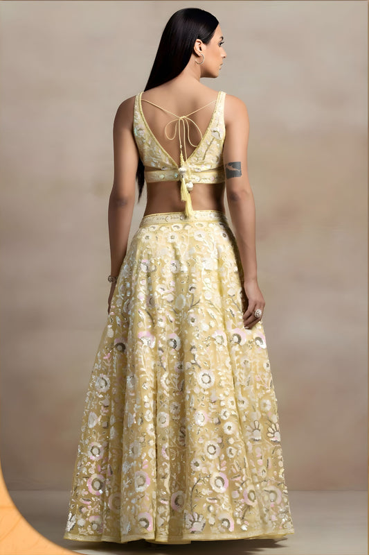 Pastel Yellow Net Sequins Embroidered Bridal Lehenga Choli Designer Dupatta