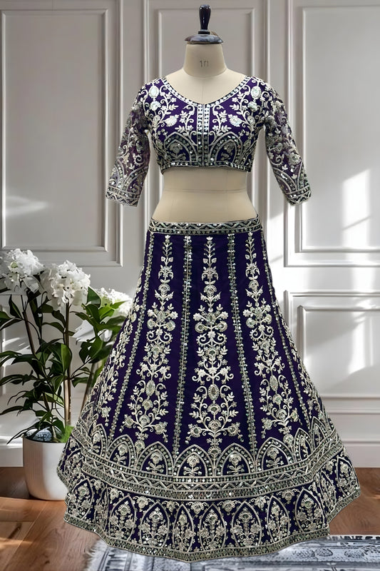 Royal Purple Heavy Embroidered Butterfly Net Lehenga Choli with Dupatta