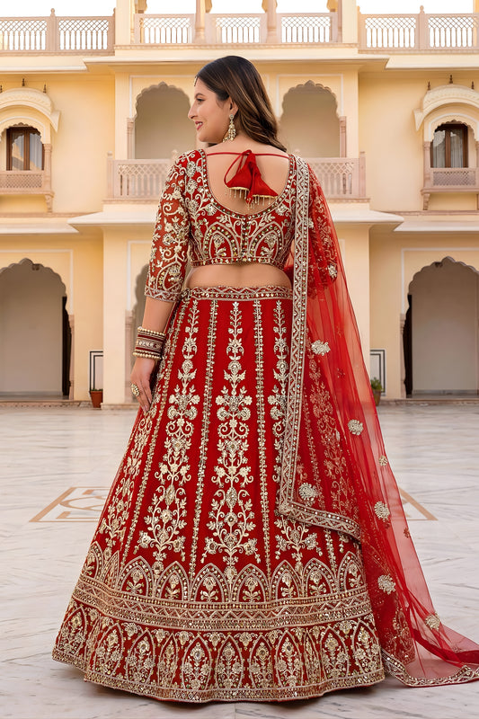 Royal Red Designer Lehenga Choli with Heavy Zari Embroidery Work and Butterfly Net Dupatta