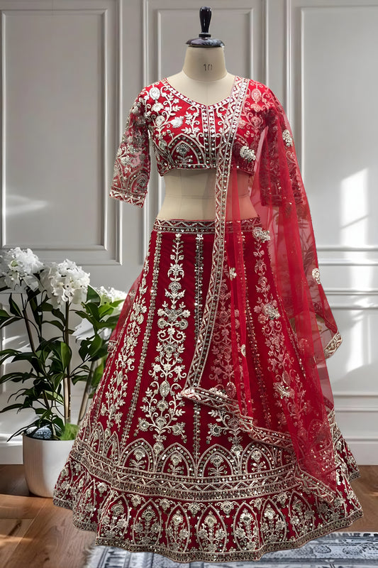 Royal Red Designer Lehenga Choli with Heavy Zari Embroidery Work and Butterfly Net Dupatta