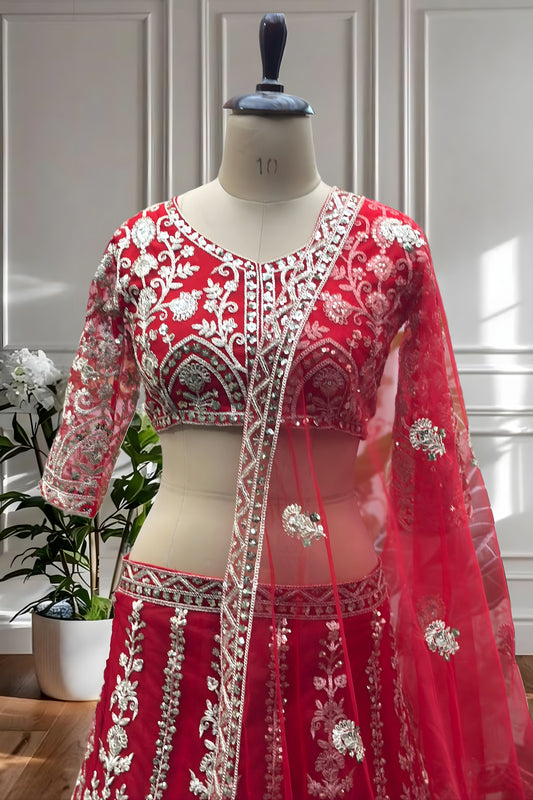 Royal Red Designer Lehenga Choli with Heavy Zari Embroidery Work and Butterfly Net Dupatta