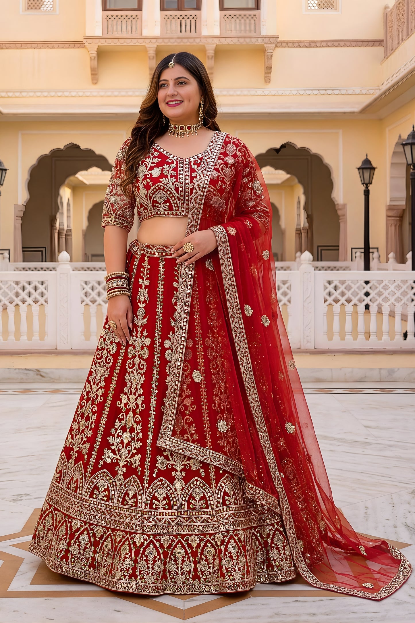 Royal Red Designer Lehenga Choli with Heavy Zari Embroidery Work and Butterfly Net Dupatta