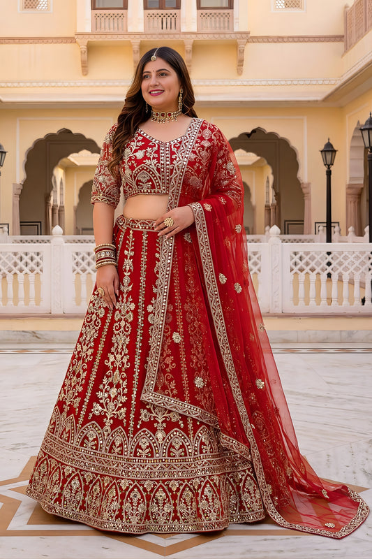 Royal Red Designer Lehenga Choli with Heavy Zari Embroidery Work and Butterfly Net Dupatta