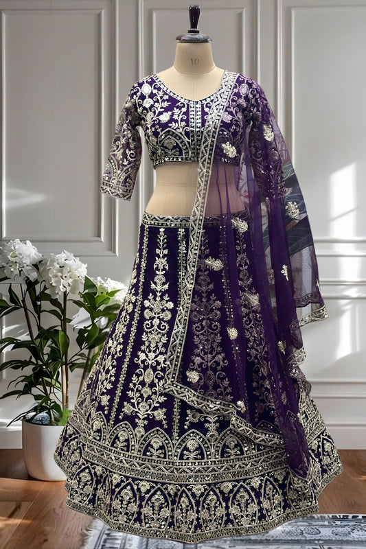 Royal Purple Heavy Embroidered Butterfly Net Lehenga Choli with Dupatta