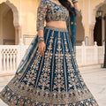 Stylish Teal Blue Designer Lehenga Choli with Heavy Zari Embroidery Work and Butterfly Net Dupatta