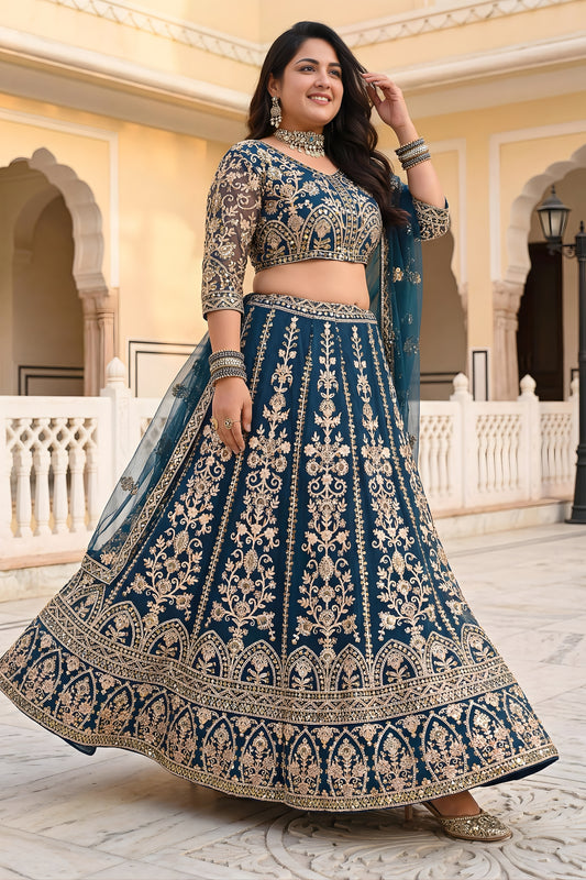 Stylish Teal Blue Designer Lehenga Choli with Heavy Zari Embroidery Work and Butterfly Net Dupatta