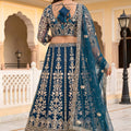 Stylish Teal Blue Designer Lehenga Choli with Heavy Zari Embroidery Work and Butterfly Net Dupatta