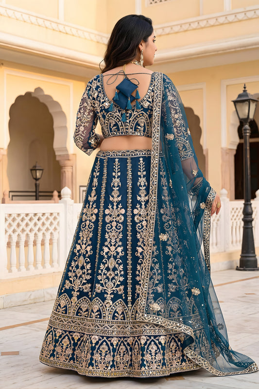 Stylish Teal Blue Designer Lehenga Choli with Heavy Zari Embroidery Work and Butterfly Net Dupatta