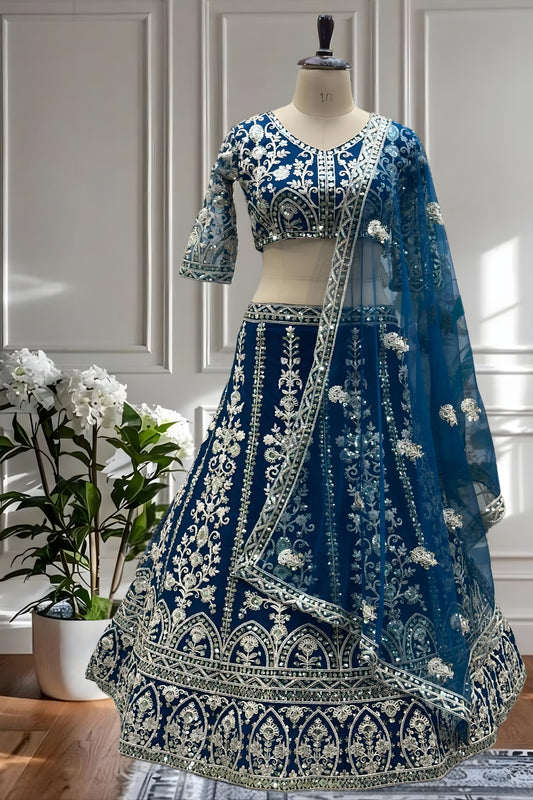 Stylish Teal Blue Designer Lehenga Choli with Heavy Zari Embroidery Work and Butterfly Net Dupatta