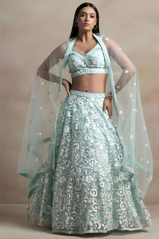 Luxury Blue Net Sequins Embroidered Bridal Lehenga Choli Designer Dupatta