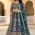 Stylish Teal Blue Designer Lehenga Choli with Heavy Zari Embroidery Work and Butterfly Net Dupatta