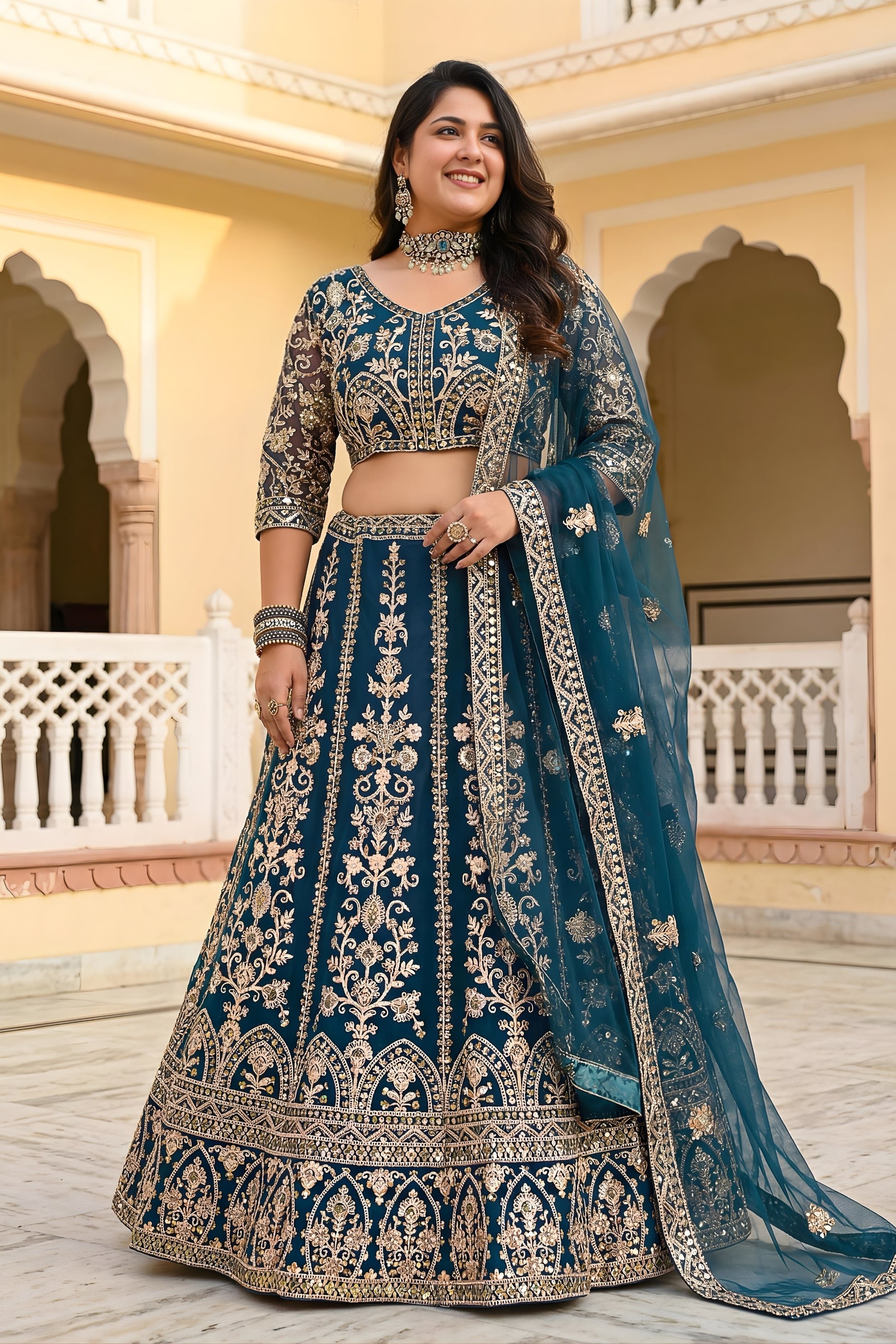 Stylish Teal Blue Designer Lehenga Choli with Heavy Zari Embroidery Work and Butterfly Net Dupatta
