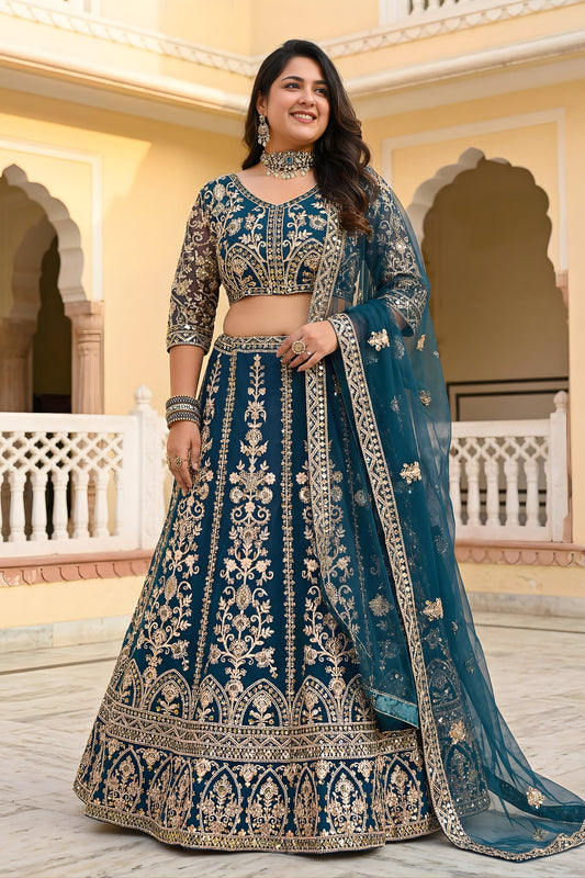 Stylish Teal Blue Designer Lehenga Choli with Heavy Zari Embroidery Work and Butterfly Net Dupatta