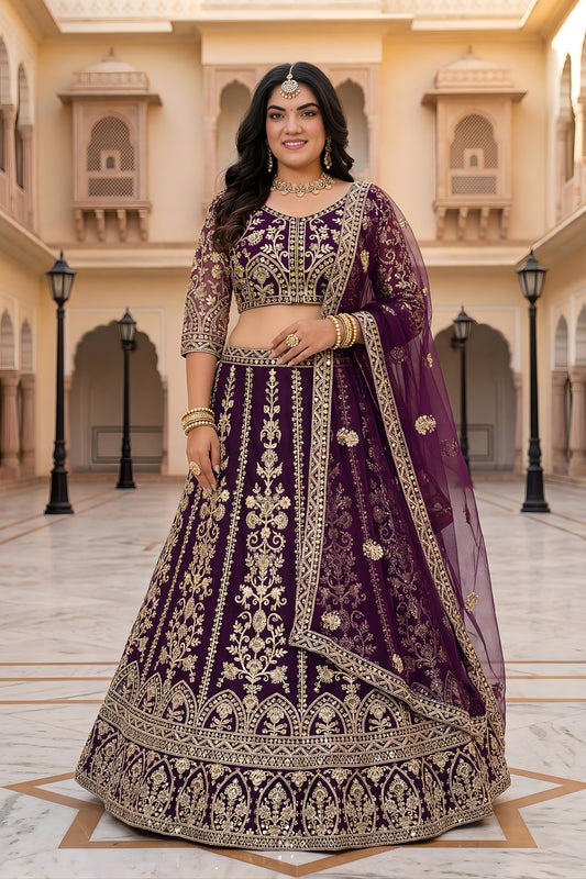 Majestic Purple Designer Lehenga Choli with Heavy Zari Embroidery Work and Butterfly Net Dupatta