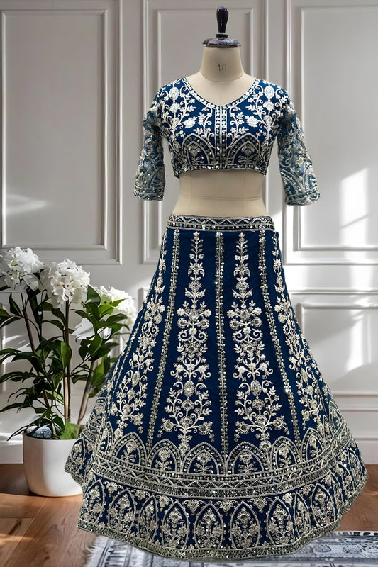 Elegant Teal Blue Heavy Embroidered Butterfly Net Lehenga Choli with Dupatta