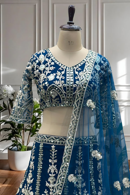 Elegant Teal Blue Heavy Embroidered Butterfly Net Lehenga Choli with Dupatta