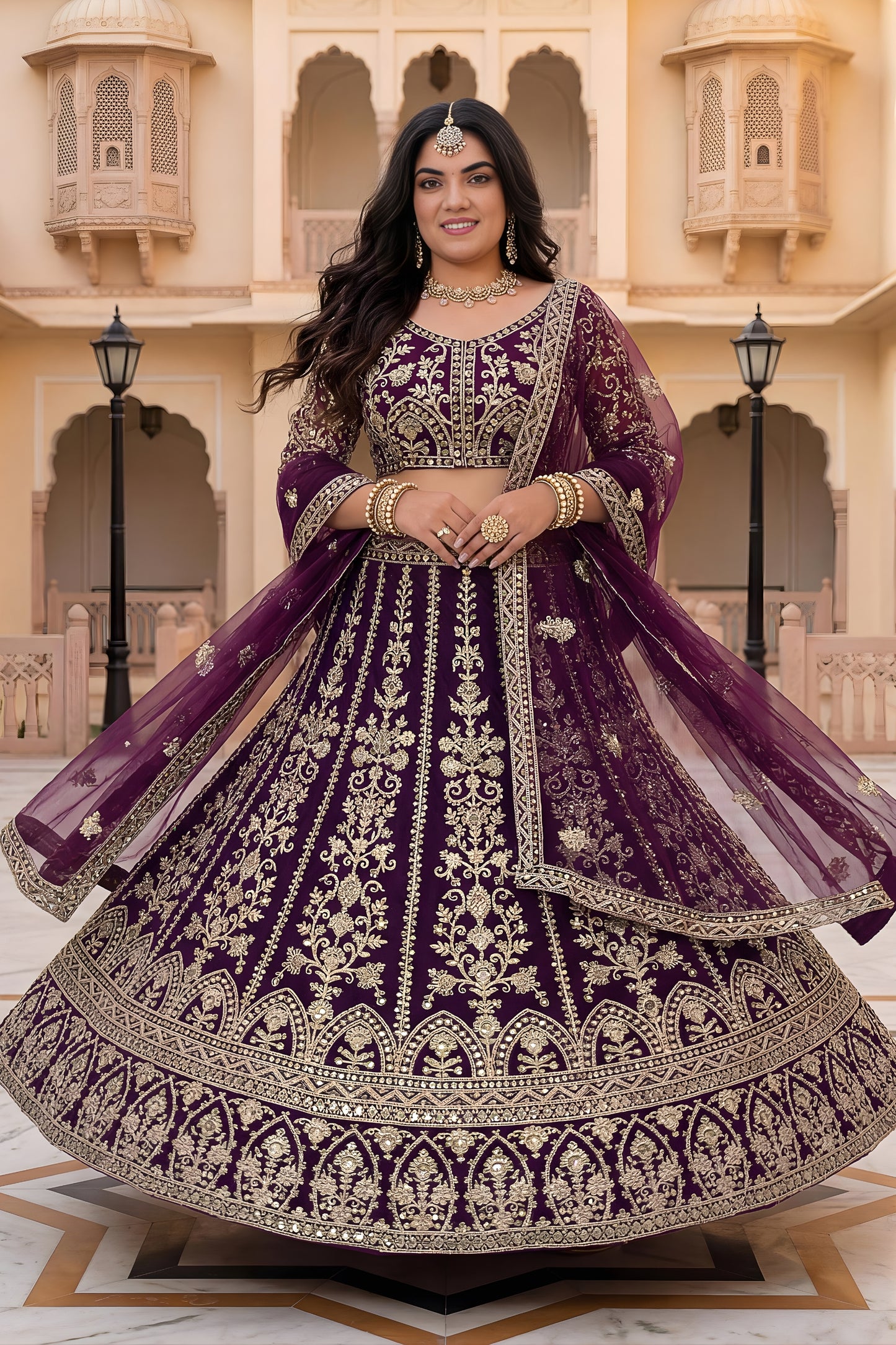 Majestic Purple Designer Lehenga Choli with Heavy Zari Embroidery Work and Butterfly Net Dupatta