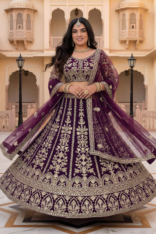 Majestic Purple Designer Lehenga Choli with Heavy Zari Embroidery Work and Butterfly Net Dupatta