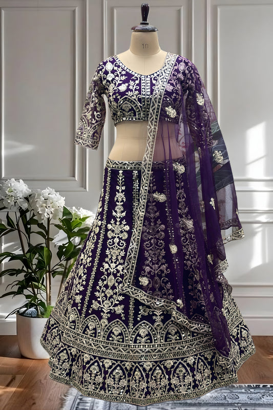 Majestic Purple Designer Lehenga Choli with Heavy Zari Embroidery Work and Butterfly Net Dupatta