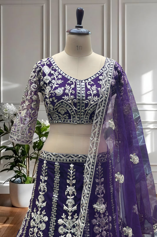 Majestic Purple Designer Lehenga Choli with Heavy Zari Embroidery Work and Butterfly Net Dupatta