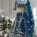 Elegant Teal Blue Heavy Embroidered Butterfly Net Lehenga Choli with Dupatta