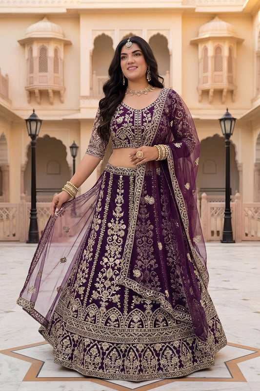 Majestic Purple Designer Lehenga Choli with Heavy Zari Embroidery Work and Butterfly Net Dupatta