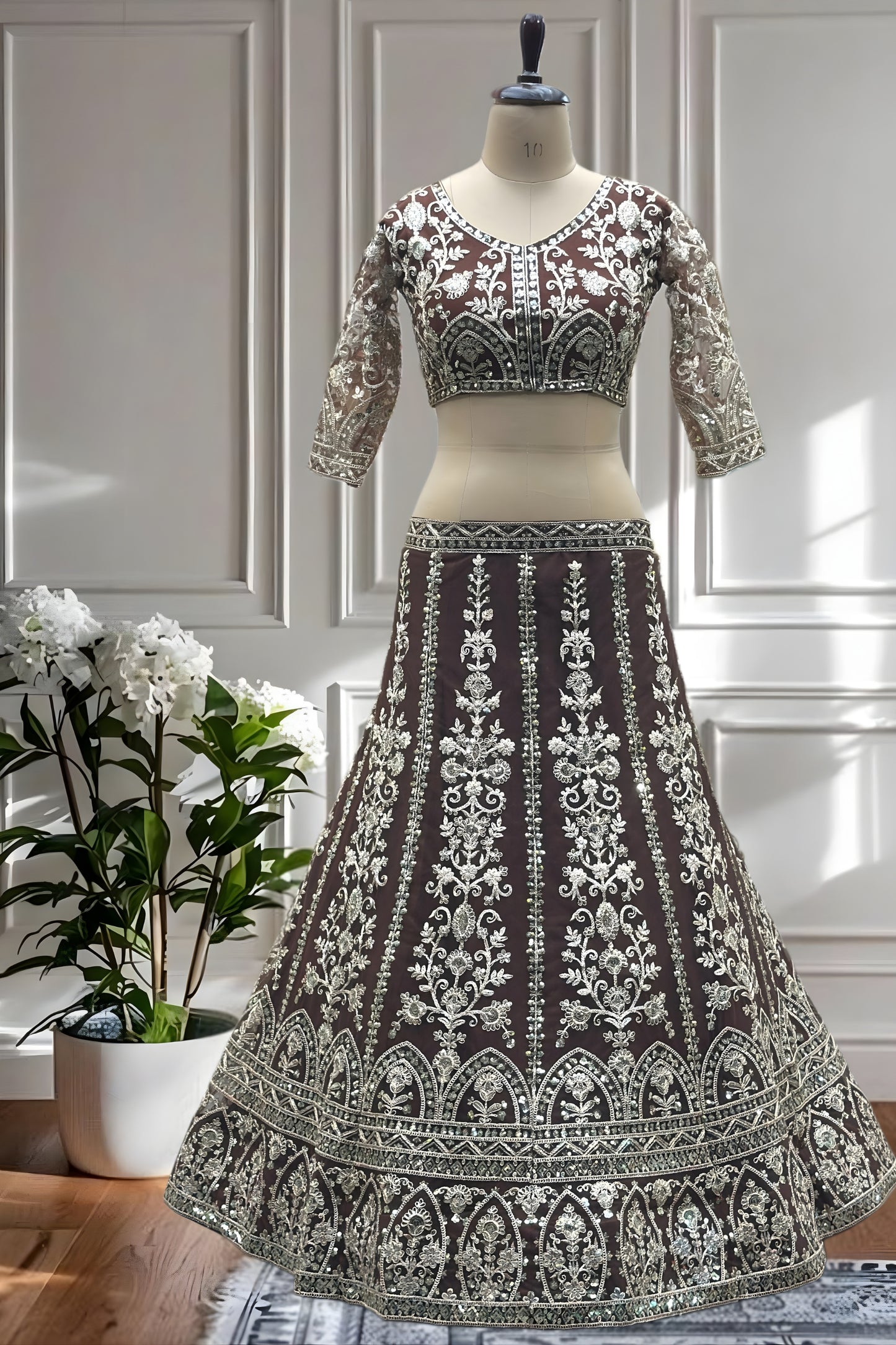 Trendy Chocolate Brown Heavy Embroidered Butterfly Net Lehenga Choli with Dupatta